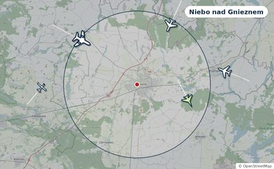 Mapa okolic miasta z sylwetkami samolotów — Niebo nad Gnieznem na żywo