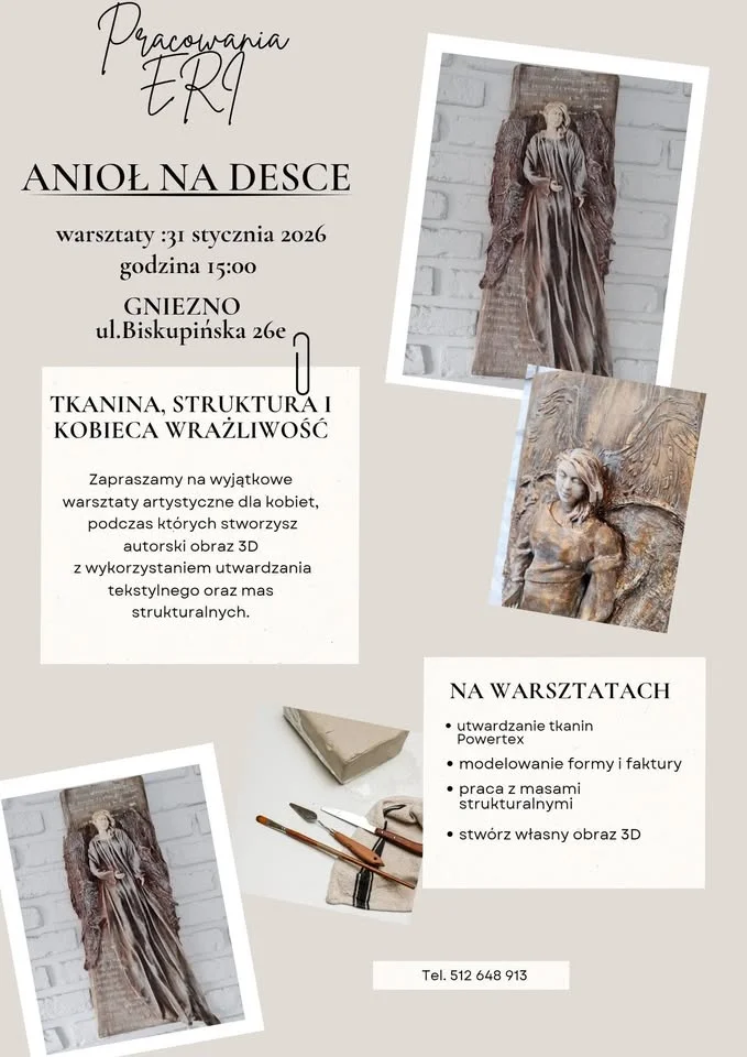 Grafika promocyjna wydarzenia Anioł na drewnie — warsztaty artystyczne dla kobiet