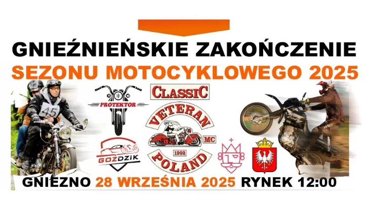 Obrazek przedstawia grafikę promocyjną wydarzenia Parada i zakończenie sezonu motocyklowego w Gnieźnie