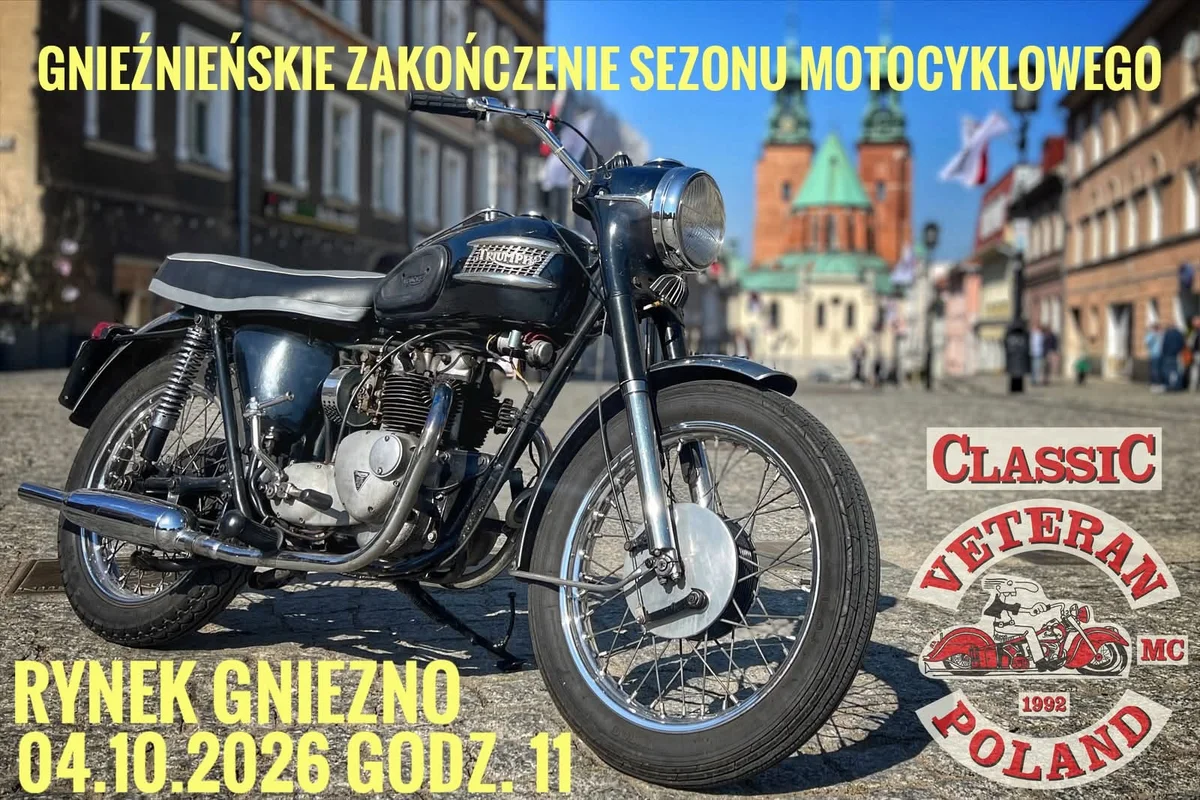 Grafika promocyjna wydarzenia Gnieźnieńskie Zakończenie Sezonu Motocyklowego 2026: parada i atrakcje
