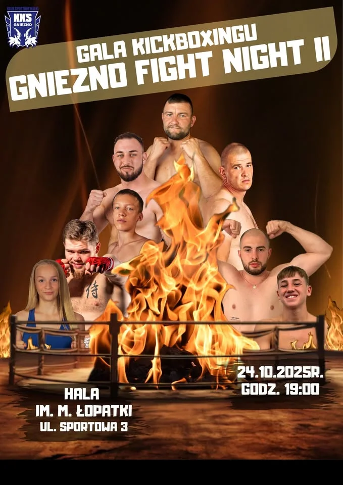 Obrazek przedstawia grafikę promocyjną wydarzenia Gala kickboxingu w Gnieźnie — 24 października 2025