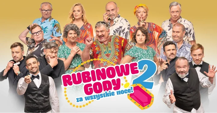 Obrazek przedstawia grafikę promocyjną wydarzenia Komedia „Rubinowe gody 2: Za wszystkie noce” — spektakl w Gnieźnie