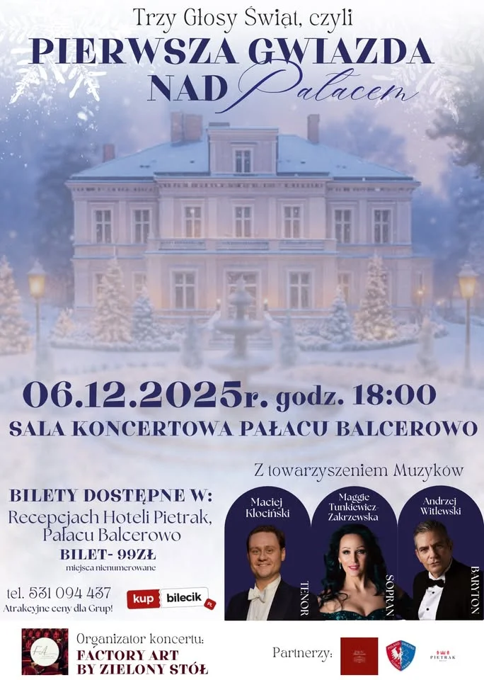 Grafika promocyjna wydarzenia Trzy Głosy Świąt — Pierwsza Gwiazda nad Pałacem w Pałacu Balcerowo