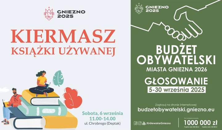 Obrazek przedstawia grafikę promocyjną wydarzenia Kiermasz książek używanych i Dzień Budżetu Obywatelskiego w Gnieźnie