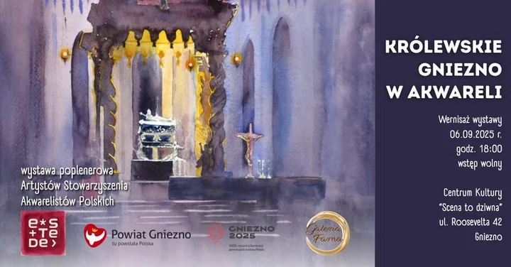 Obrazek przedstawia grafikę promocyjną wydarzenia Wernisaż akwarel: Gniezno w obrazie uczestników pleneru