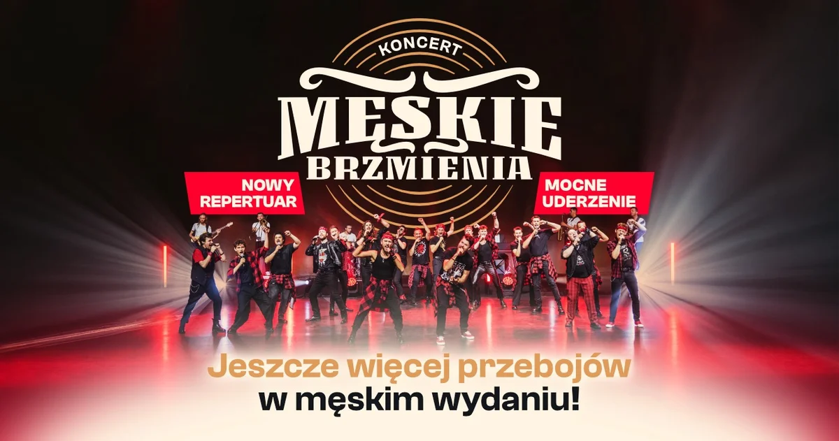 Grafika promocyjna wydarzenia MĘSKIE BRZMIENIA – Nowy repertuar w Gnieźnie
