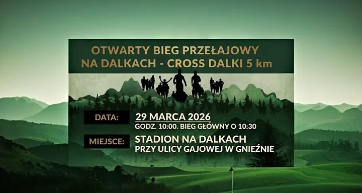 Grafika promocyjna wydarzenia Otwarty Bieg Przełajowy Cross Dalki 5 km w Gnieźnie