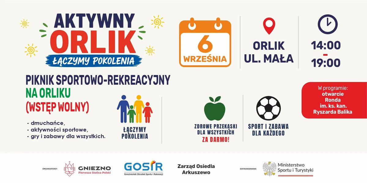 Grafika promocyjna wydarzenia Piknik Sportowo-Rekreacyjny na Orliku w Gnieźnie