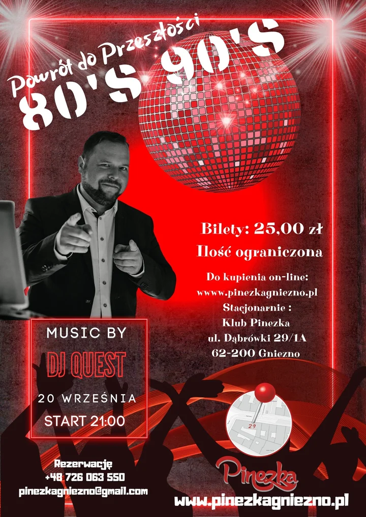 Obrazek przedstawia grafikę promocyjną wydarzenia Impreza retro z muzyką lat 80. i 90. w Klubie Pinezka
