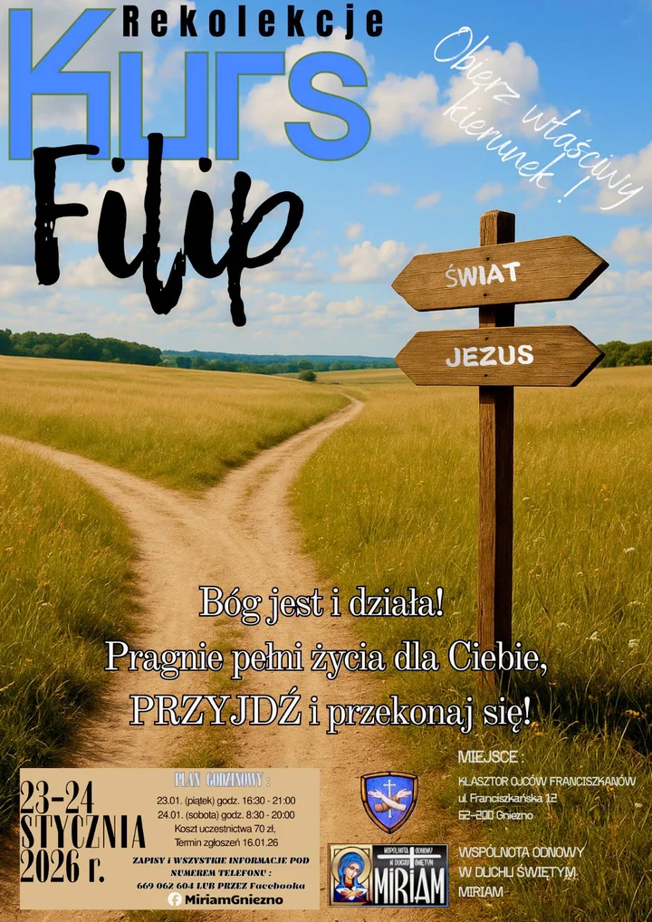 Grafika promocyjna wydarzenia Rekolekcje Kurs Filip w Gnieźnie — 23–24 stycznia 2026