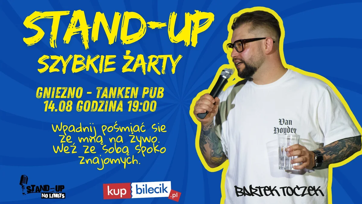 Grafika promocyjna wydarzenia Stand-up Bartka Toczka w Gnieźnie – szybkie żarty i codzienne obserwacje