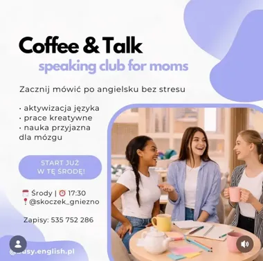 Grafika promocyjna wydarzenia Angielski dla mam — Kawa i rozmowa, klub konwersacyjny dla mam