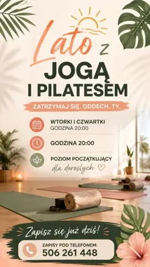 Grafika promocyjna wydarzenia Lato z jogą i pilatesem w Santosie w Gnieźnie – wakacyjne zajęcia dla początkujących
