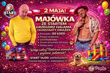Grafika promocyjna wydarzenia MAJÓWKA ZE STARTEM w Gnieźnie – rodzinny piknik, występy i atrakcje 2 maja