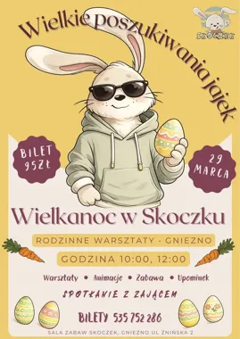 Grafika promocyjna wydarzenia Spotkanie z Zajączkiem — Wielkie Poszukiwanie Jajek w Skoczku