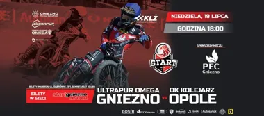 Grafika promocyjna wydarzenia ULTRAPUR OMEGA Gniezno – OK Kolejarz Opole: żużlowe emocje na stadionie przy W25