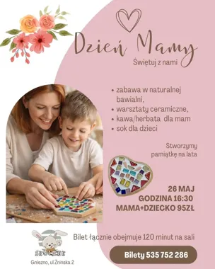 Grafika promocyjna wydarzenia Skoczek: warsztaty ceramiczne Mama i Dziecko na Dzień Mamy w Gnieźnie