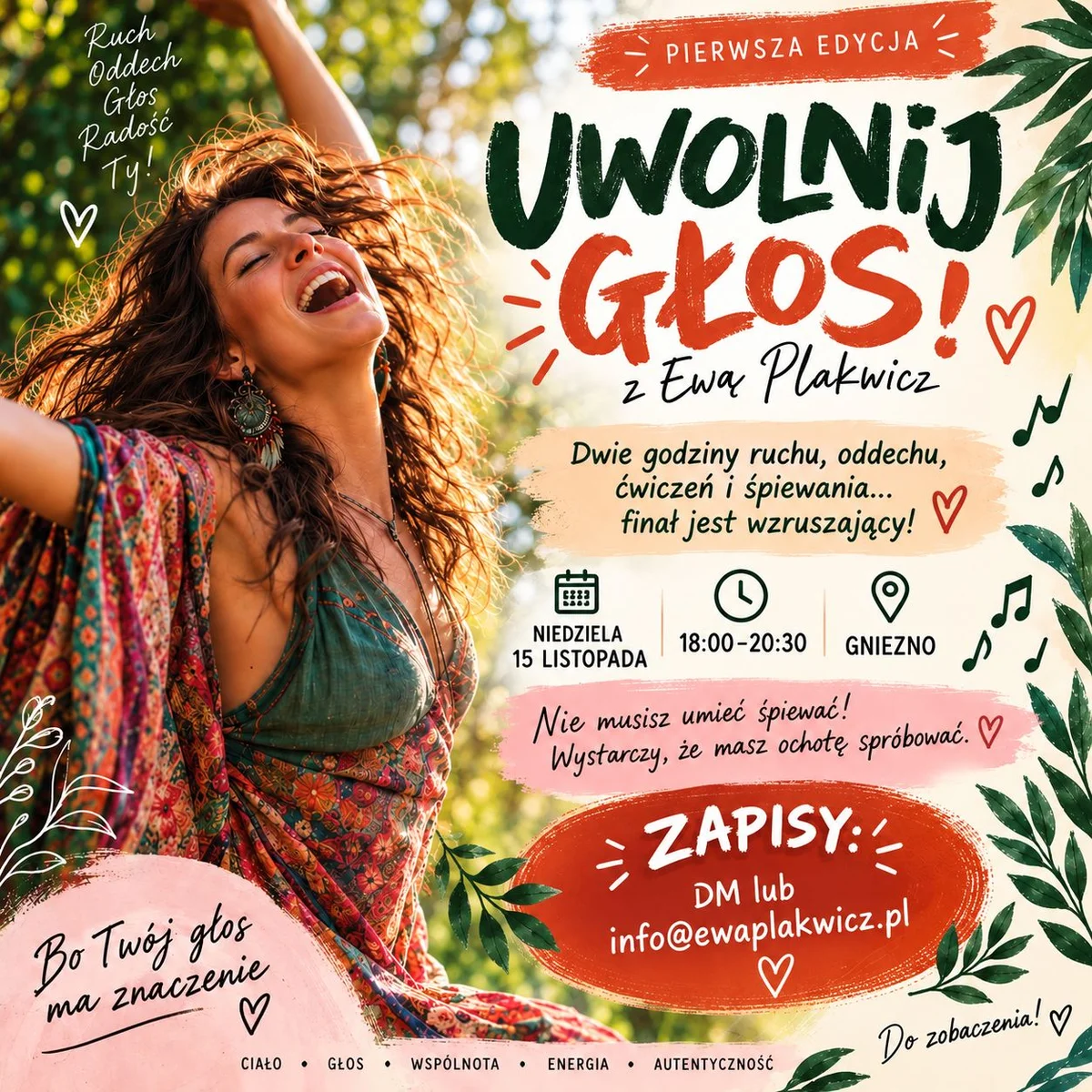 Grafika promocyjna wydarzenia Uwolnij Głos – warsztaty wokalne Gniezno