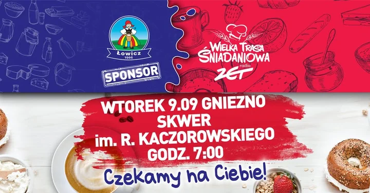 Obrazek przedstawia grafikę promocyjną wydarzenia Bezpłatne śniadanie na Skwerze im. Kaczorowskiego w Gnieźnie